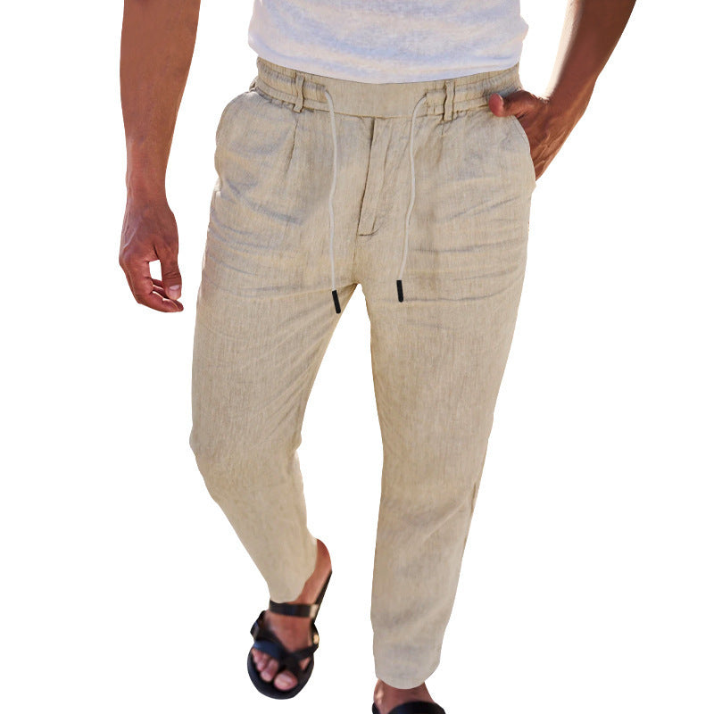Pantalones rectos finos informales de algodón y lino con cordón de otoño