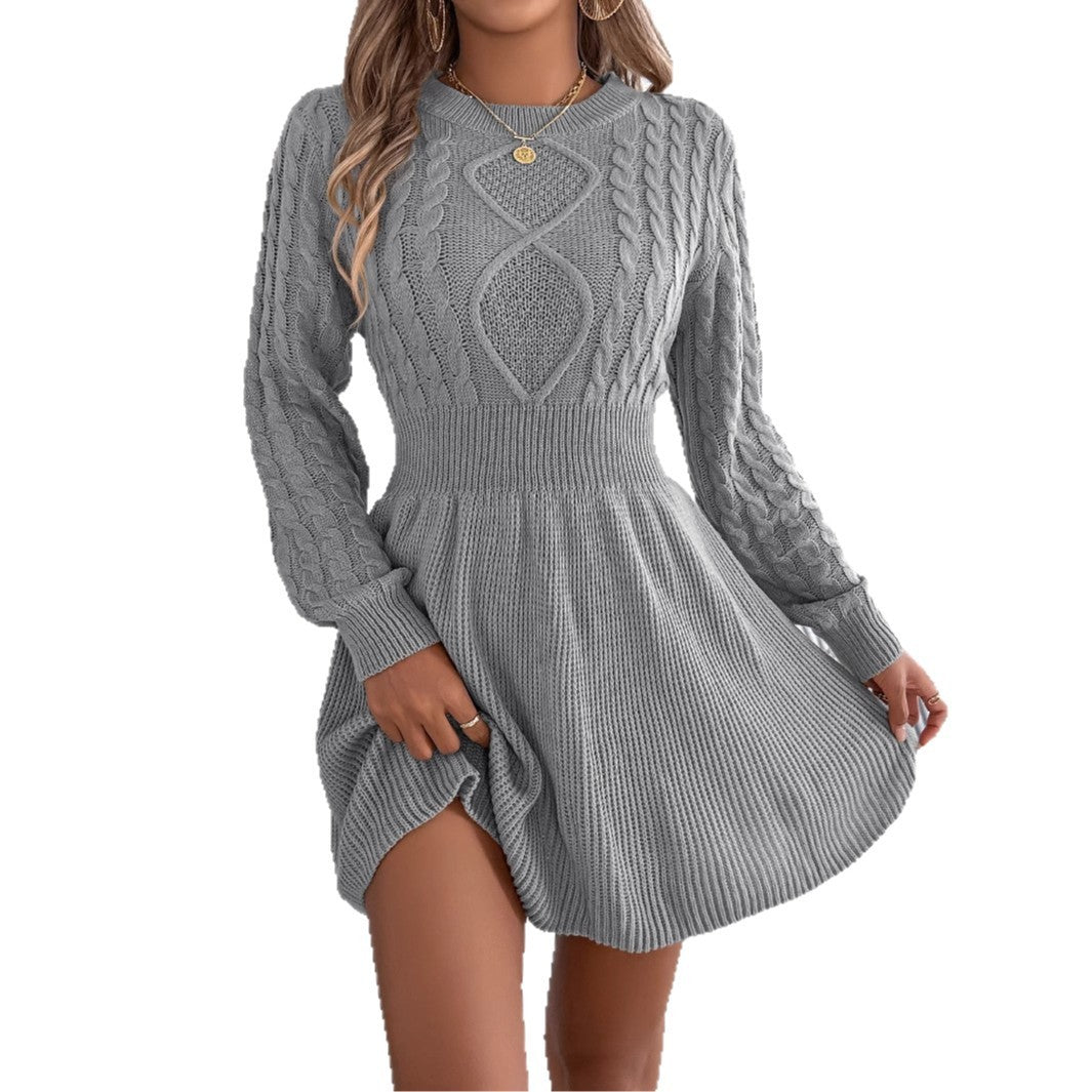 Vestido tipo suéter de manga larga con farol y cintura ajustada con giro en color liso