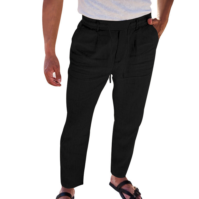 Pantalones rectos finos informales de algodón y lino con cordón de otoño