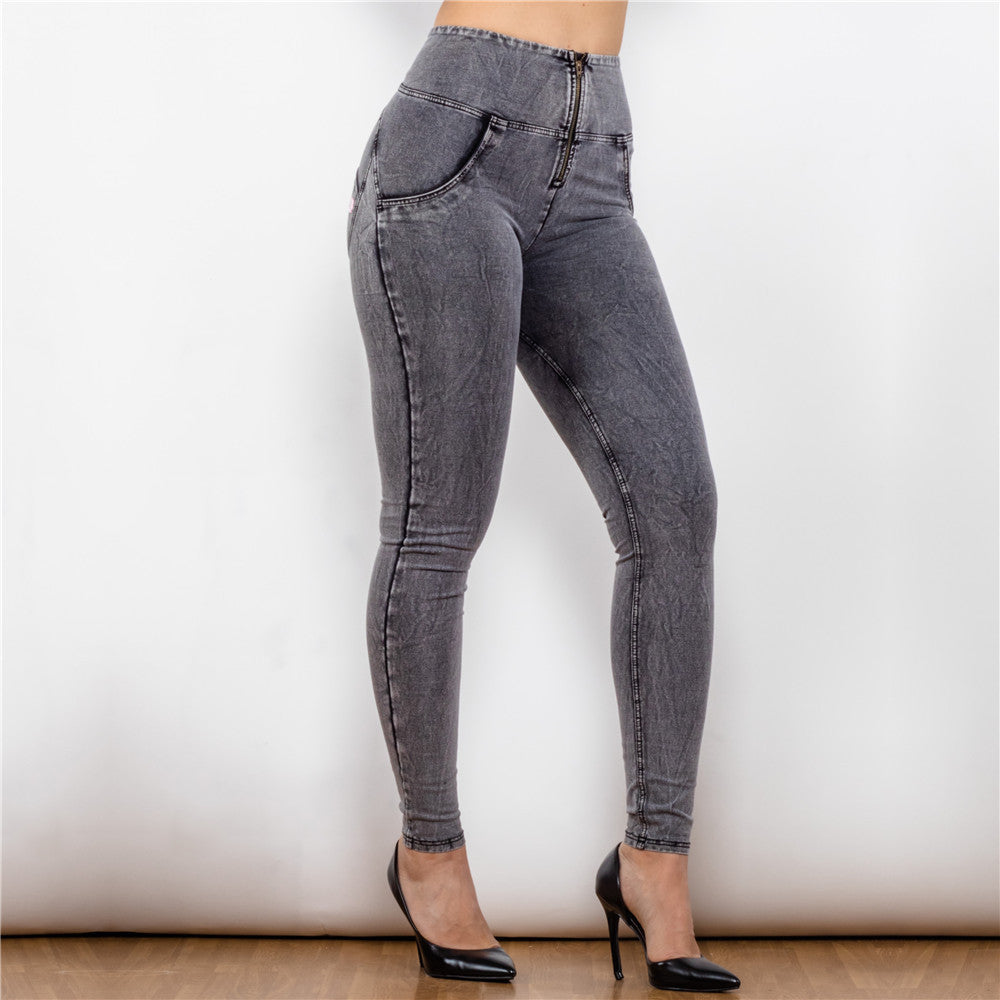 High waist gray jeggings push up shaping jeans butt lifting effect anti cellulite leggings
