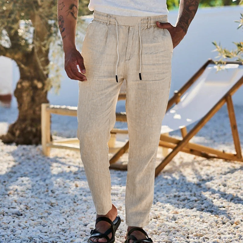 Pantalones rectos finos informales de algodón y lino con cordón de otoño