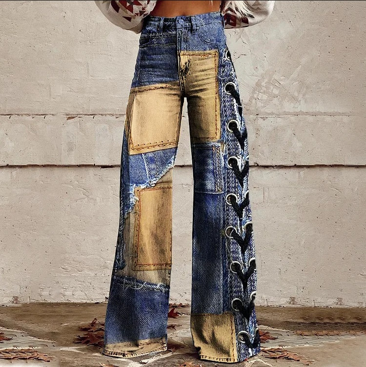 Pantalones Ursime de tiro alto y pierna ancha con estampado de patchwork