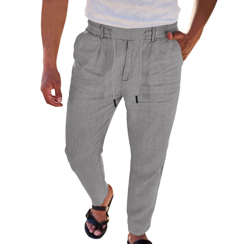 Pantalones rectos finos informales de algodón y lino con cordón de otoño