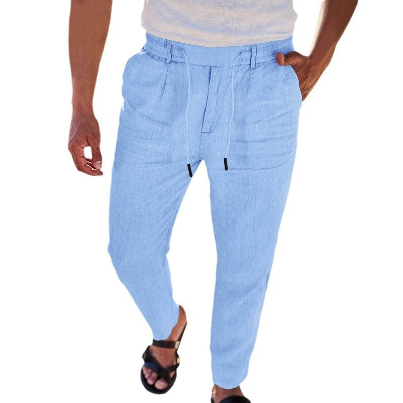 Pantalones rectos finos informales de algodón y lino con cordón de otoño
