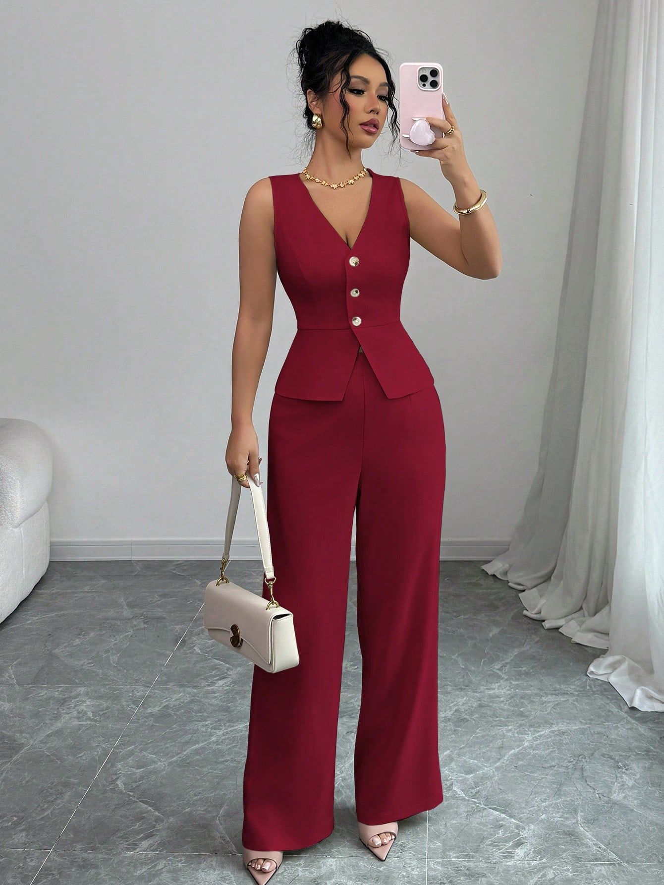 Conjunto de dos piezas de chaleco ajustado sin mangas de color sólido y pantalones de cintura alta