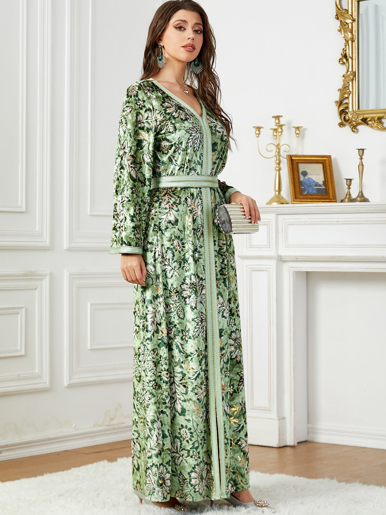 Arabian Autumn And Winter Printing Velvet Dress