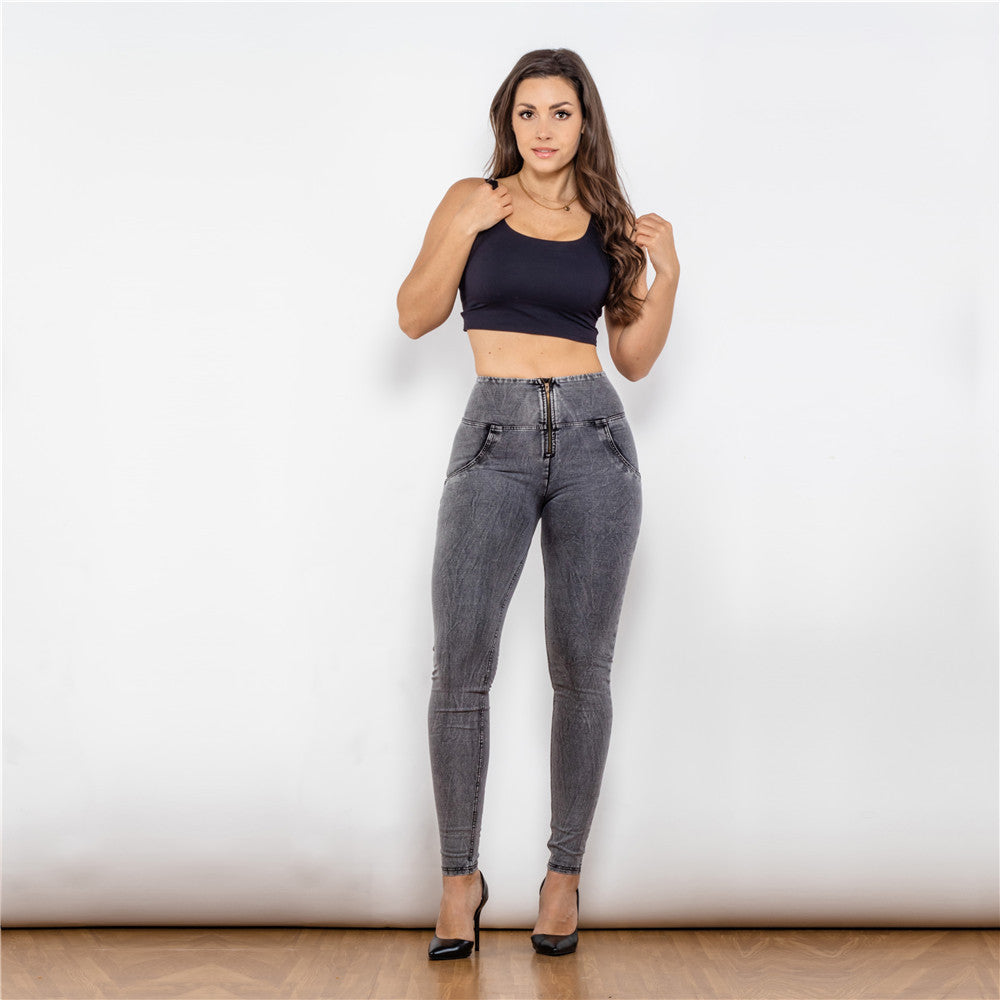 High waist gray jeggings push up shaping jeans butt lifting effect anti cellulite leggings