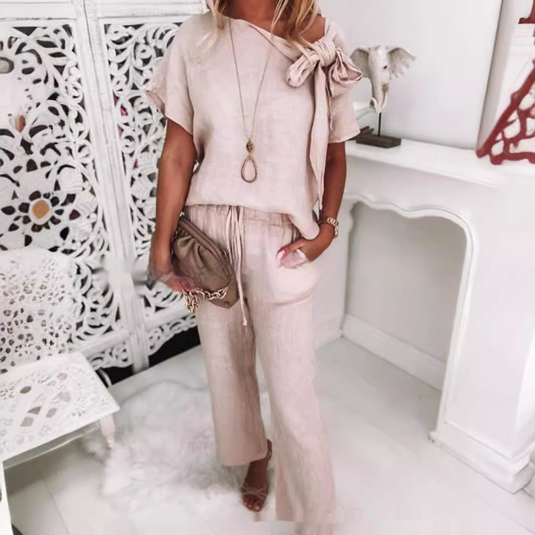 Traje de pantalón casual de algodón puro de verano para mujer