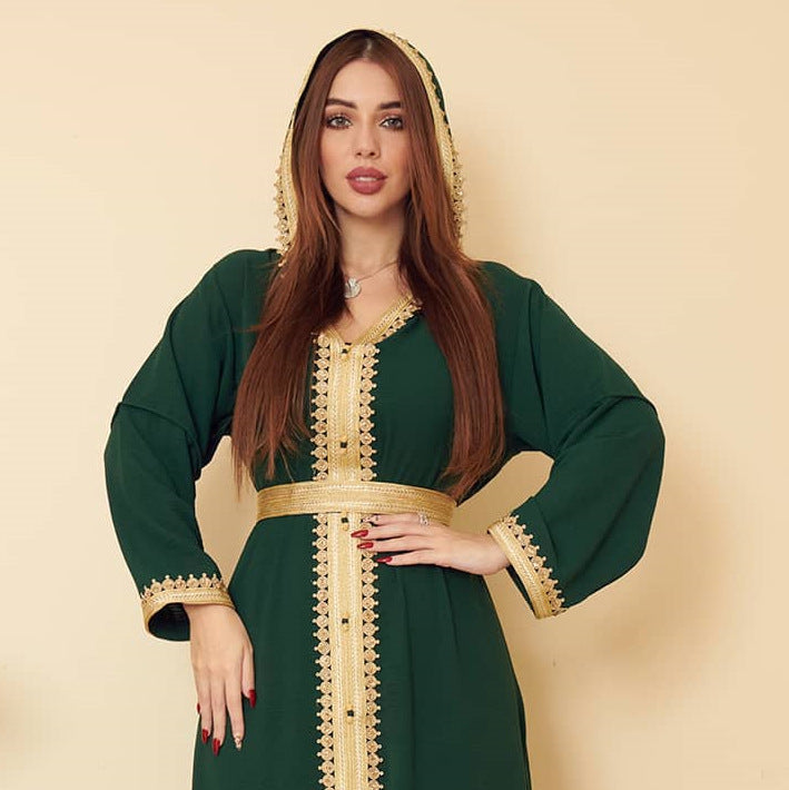 Linen Green Muslim Saudi Arabian Hooded Women's Swing Dress