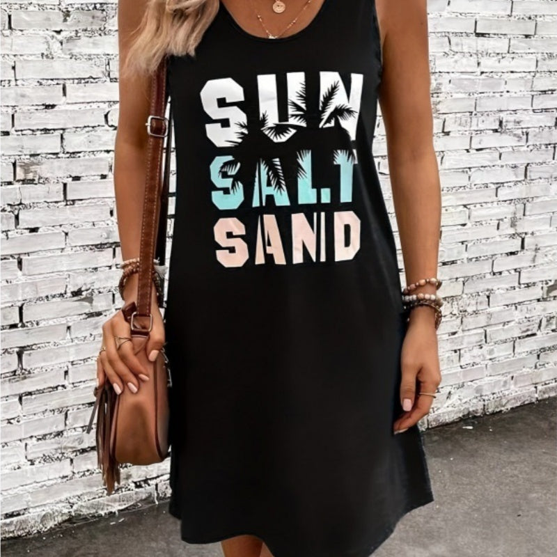 Vestido sencillo de punto con cuello redondo, sin mangas y estampado para todo tipo de combinaciones