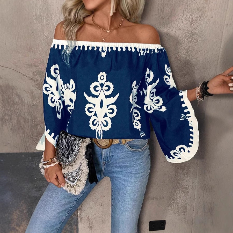 Top holgado con hombros descubiertos y estampado de moda para mujer