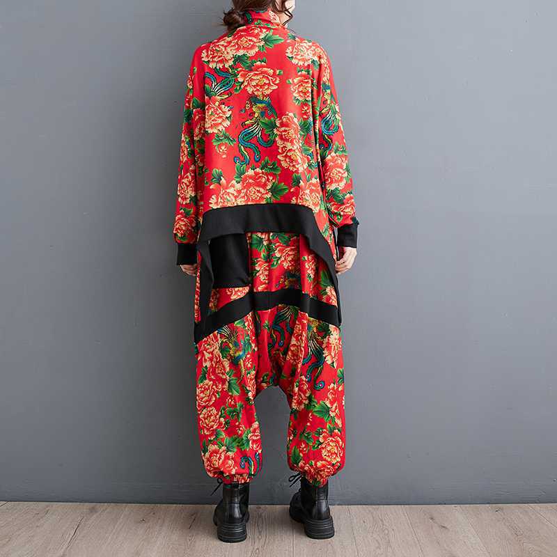 Fashion Peony Big Flower Youthful-looking Loose Top Baggy Pants Two-piece Set