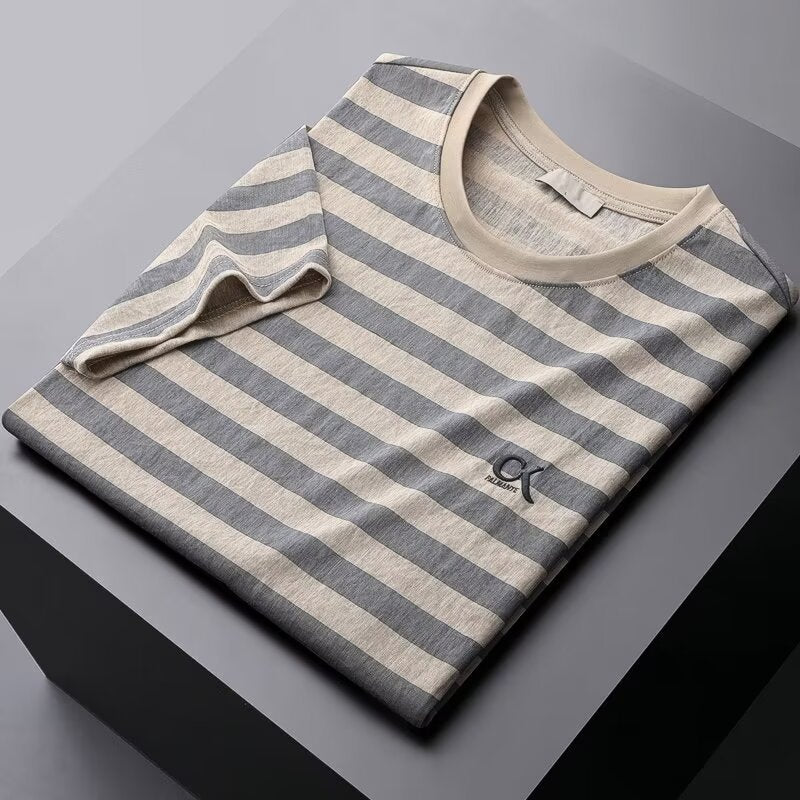 Camisa de manga corta de lino a rayas de seda helada para hombre, corte entallado
