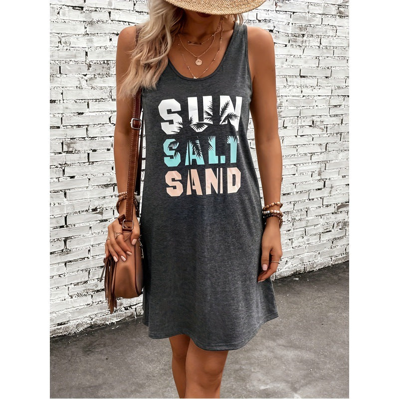 Vestido sencillo de punto con cuello redondo, sin mangas y estampado para todo tipo de combinaciones