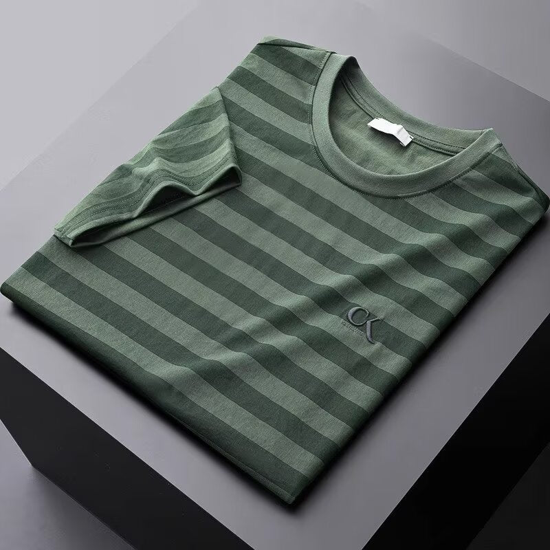 Camisa de manga corta de lino a rayas de seda helada para hombre, corte entallado