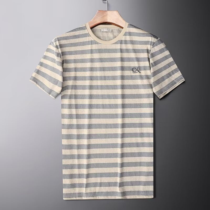 Camisa de manga corta de lino a rayas de seda helada para hombre, corte entallado