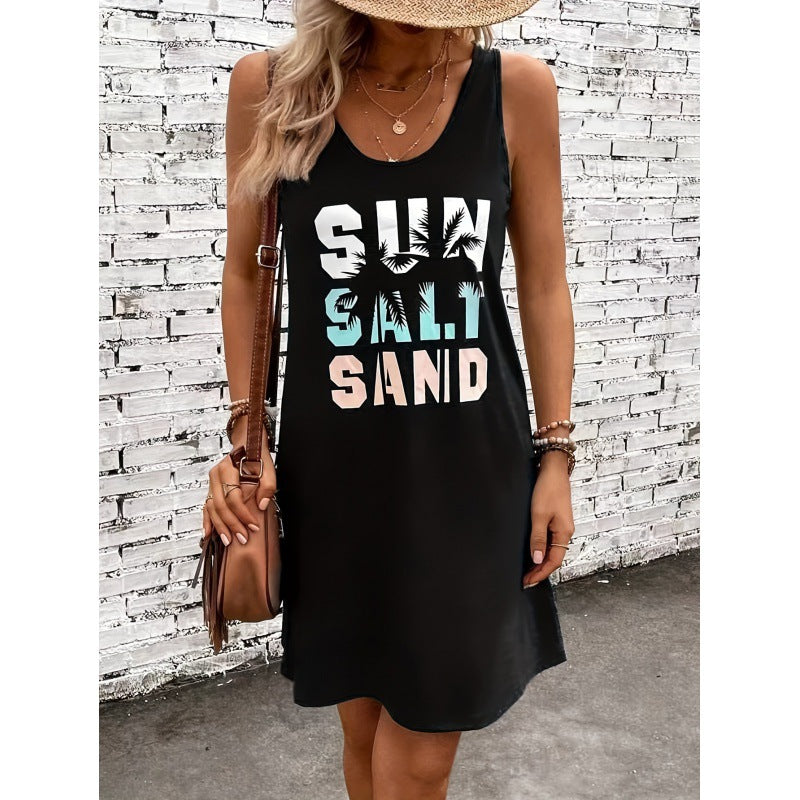 Vestido sencillo de punto con cuello redondo, sin mangas y estampado para todo tipo de combinaciones