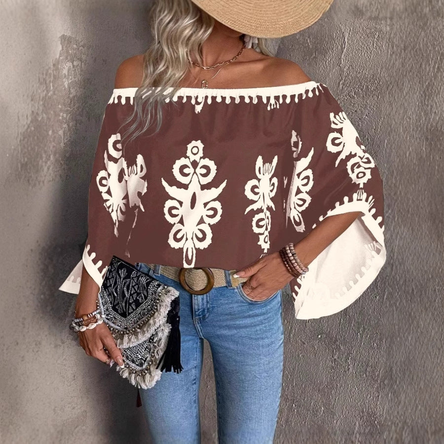 Top holgado con hombros descubiertos y estampado de moda para mujer
