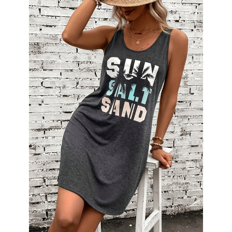 Vestido sencillo de punto con cuello redondo, sin mangas y estampado para todo tipo de combinaciones