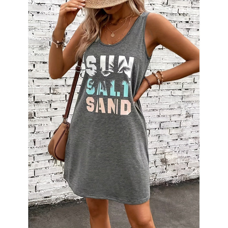 Vestido sencillo de punto con cuello redondo, sin mangas y estampado para todo tipo de combinaciones