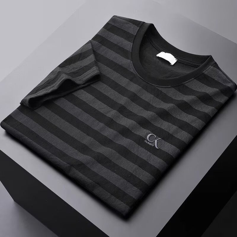 Camisa de manga corta de lino a rayas de seda helada para hombre, corte entallado