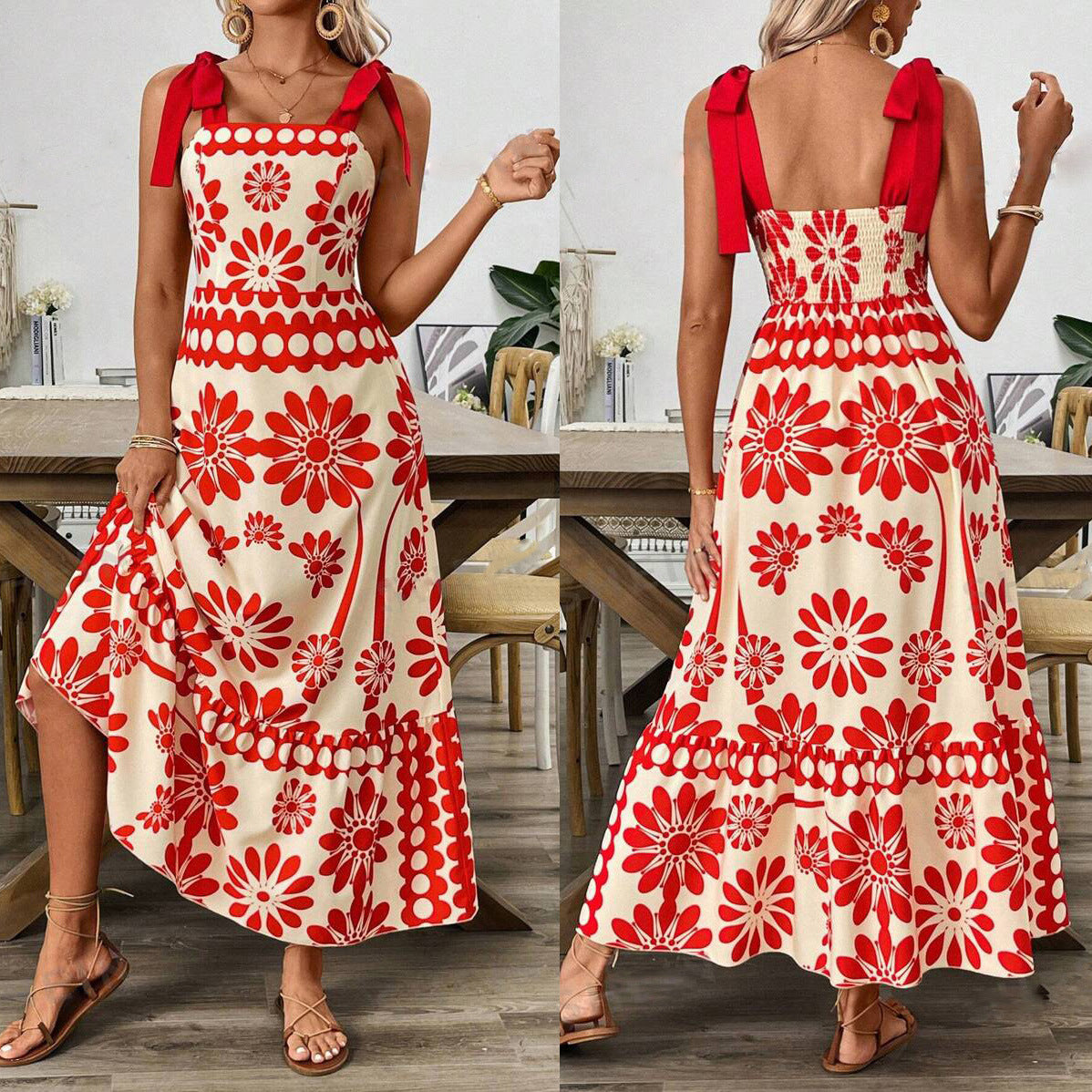Vestido de mujer con cintura escapular y estampado floral