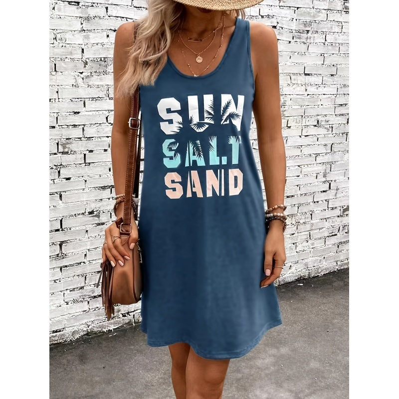 Vestido sencillo de punto con cuello redondo, sin mangas y estampado para todo tipo de combinaciones