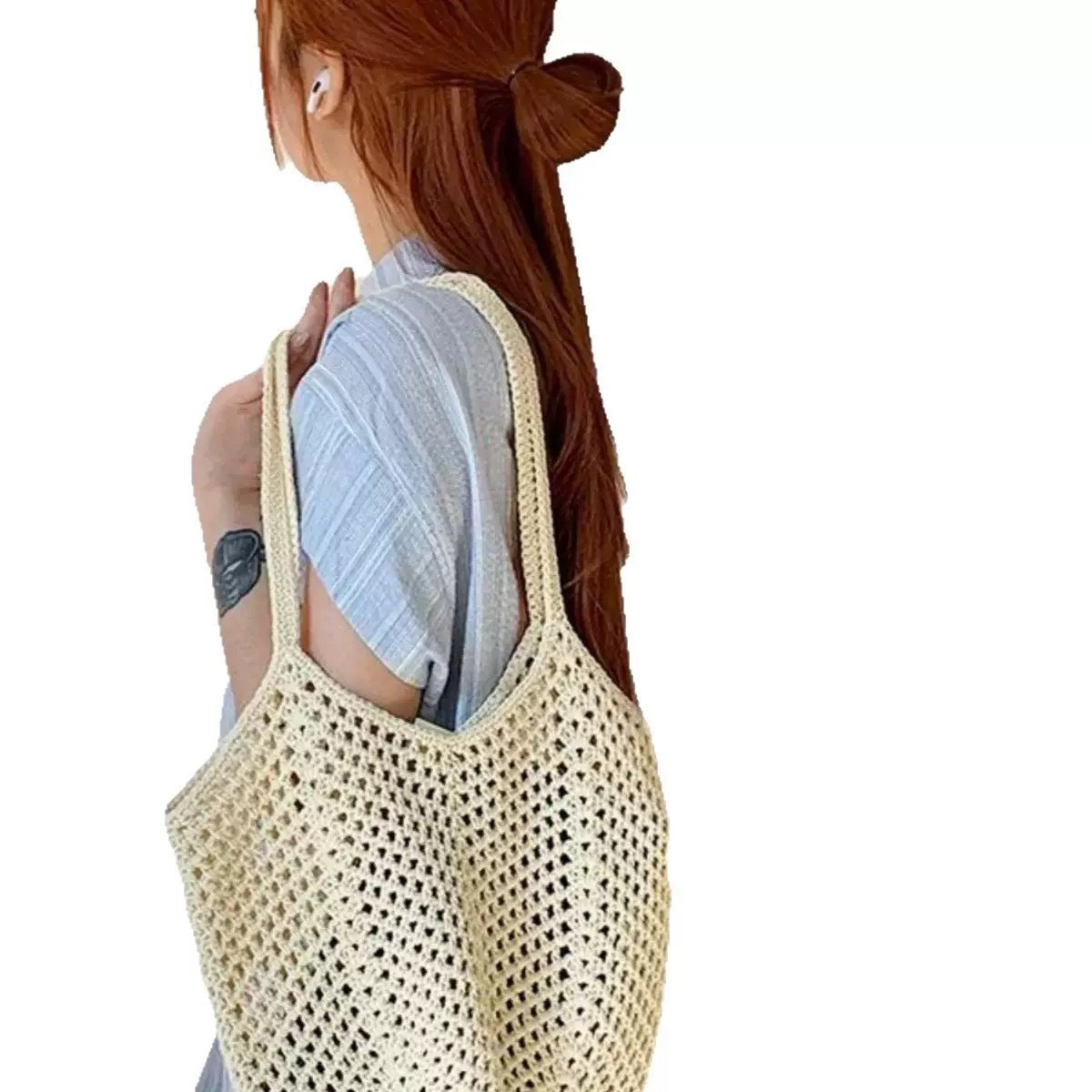 Bolso de hombro informal de playa de paja hueca tejida para vacaciones