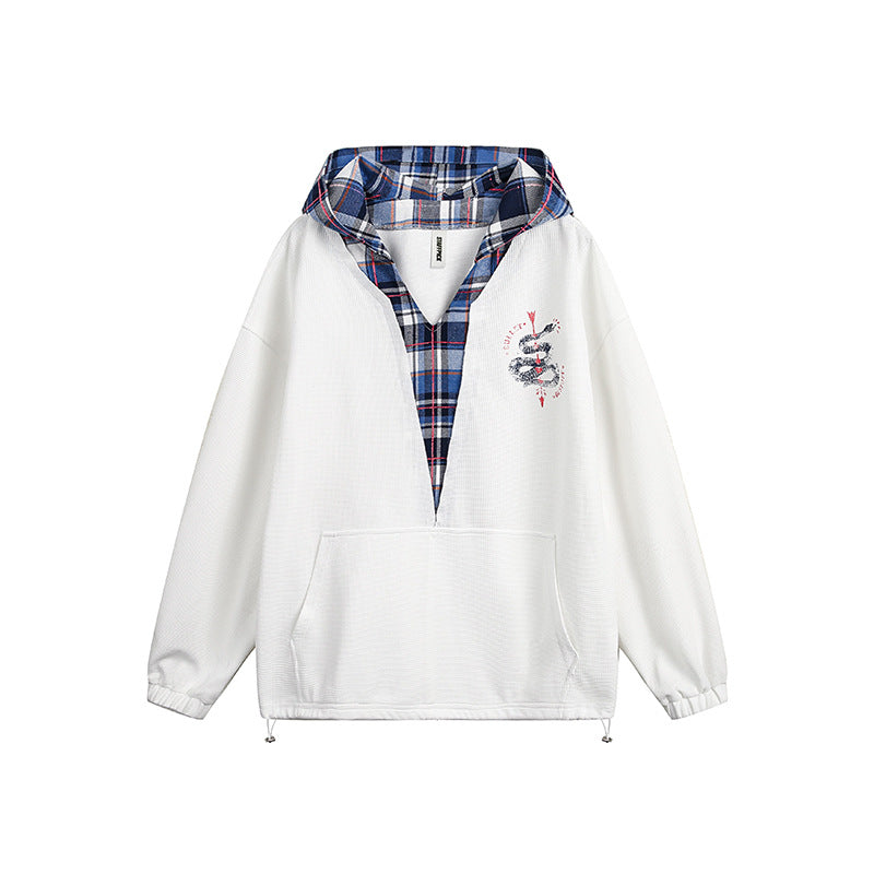 Japanese-style Retro Fake Two-piece Plaid Stitching Contrast Color Hooded Sweatshirt