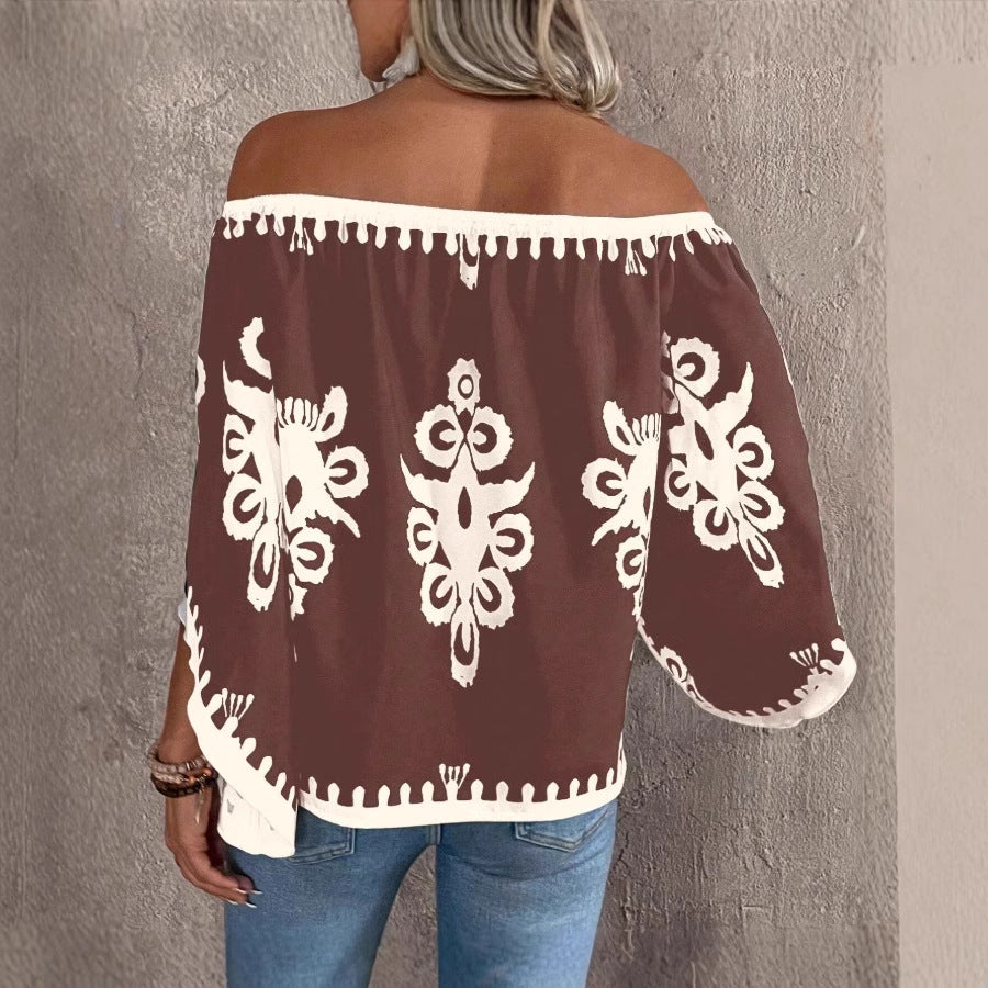 Top holgado con hombros descubiertos y estampado de moda para mujer
