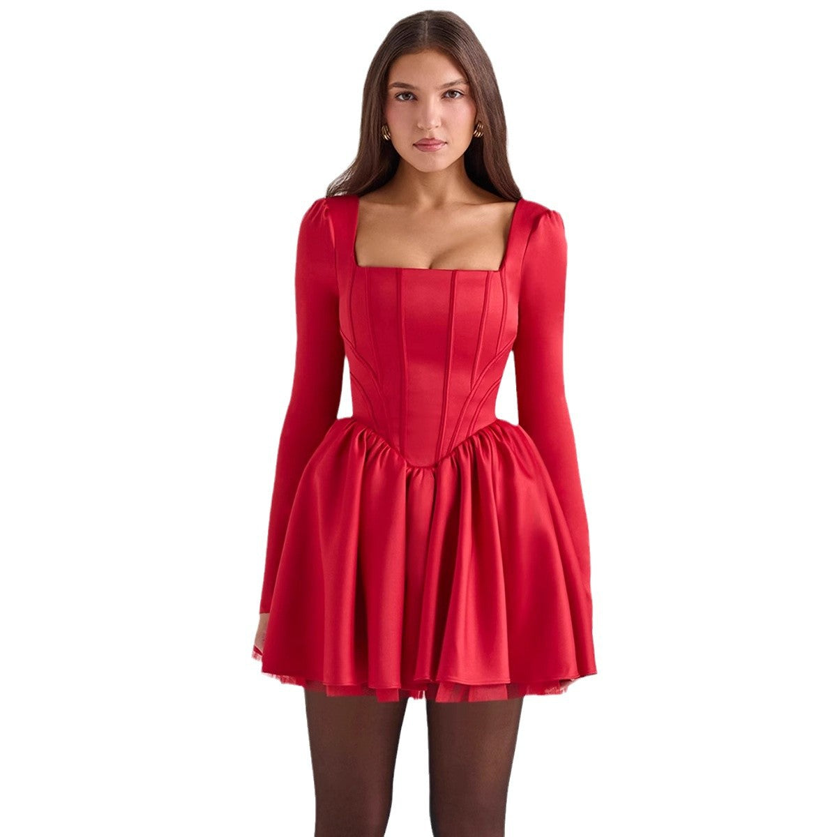 Square Collar Tube Top Fishbone Waist Slimming Dress