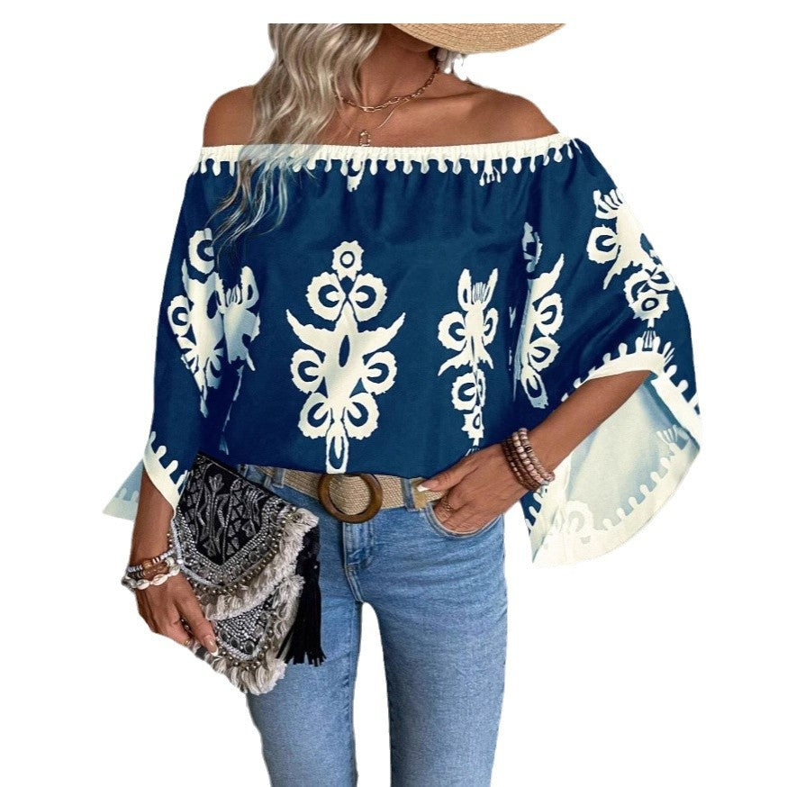 Top holgado con hombros descubiertos y estampado de moda para mujer