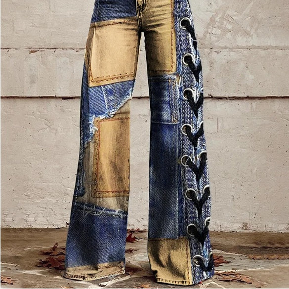 Pantalones Ursime de tiro alto y pierna ancha con estampado de patchwork