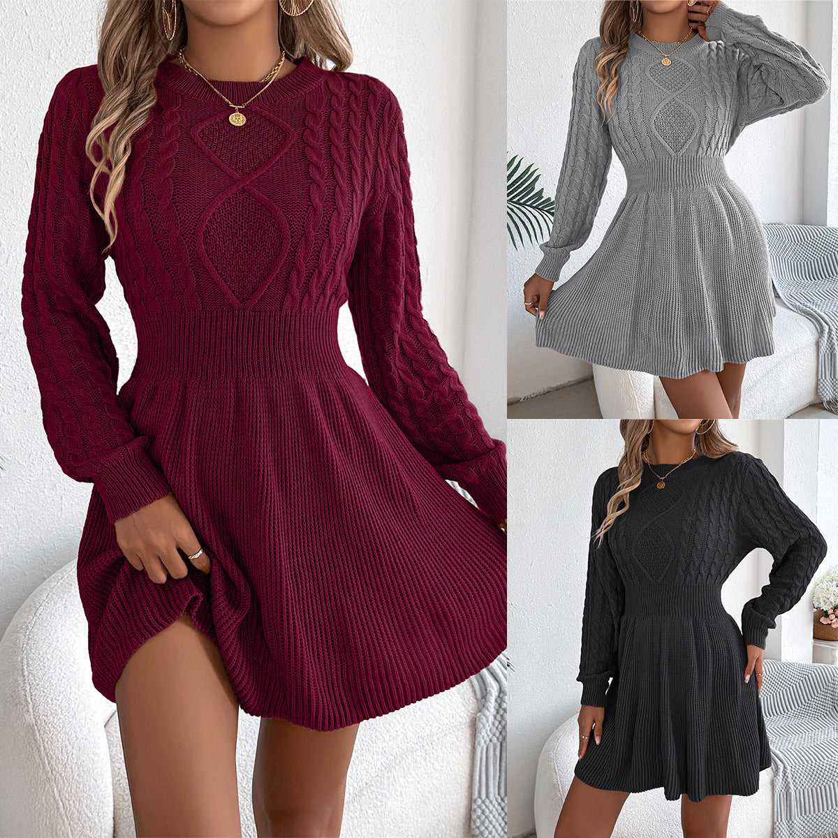 Vestido tipo suéter de manga larga con farol y cintura ajustada con giro en color liso