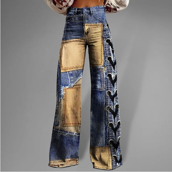 Pantalones Ursime de tiro alto y pierna ancha con estampado de patchwork
