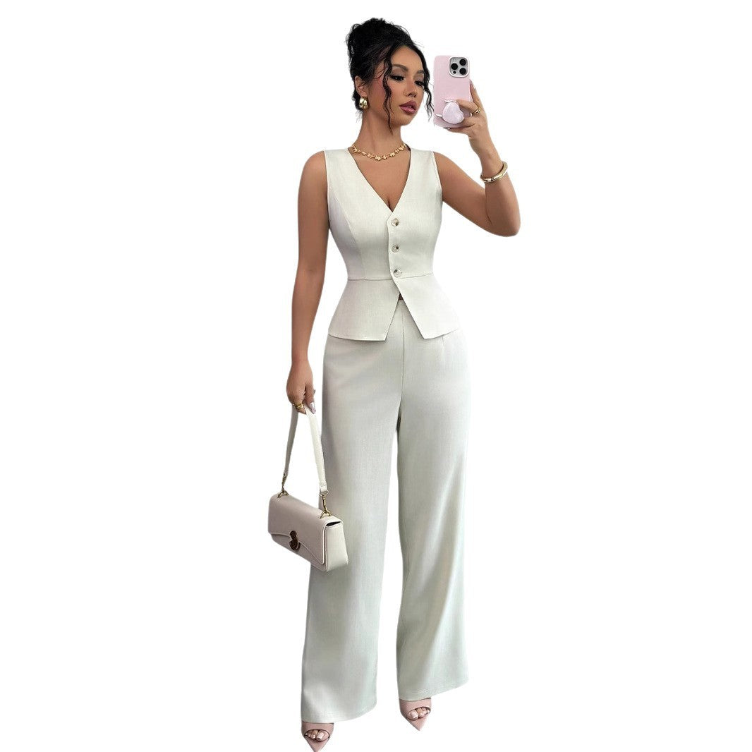 Conjunto de dos piezas de chaleco ajustado sin mangas de color sólido y pantalones de cintura alta