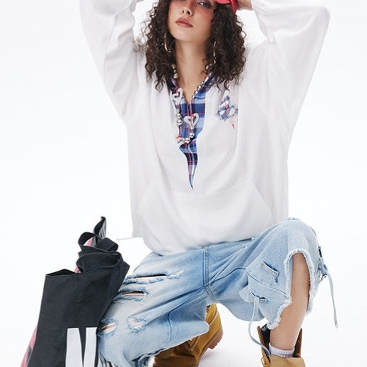 Japanese-style Retro Fake Two-piece Plaid Stitching Contrast Color Hooded Sweatshirt