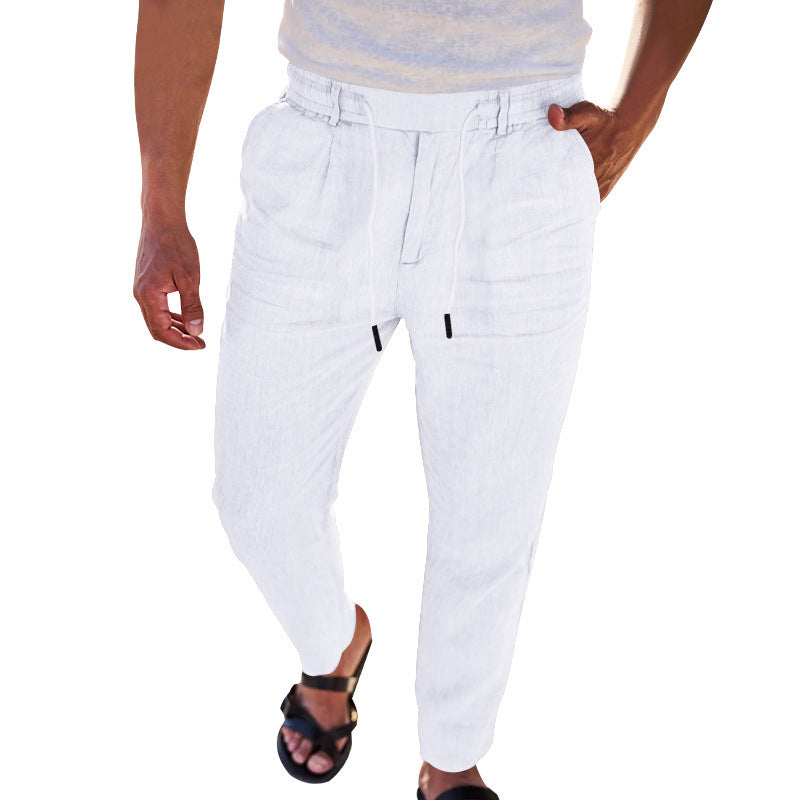Pantalones rectos finos informales de algodón y lino con cordón de otoño