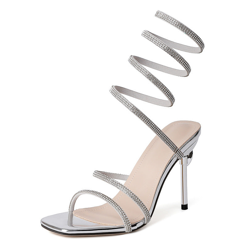 Rhinestone Snake-shaped Winding Tape Hollow Stiletto Heel High Heel Sandals