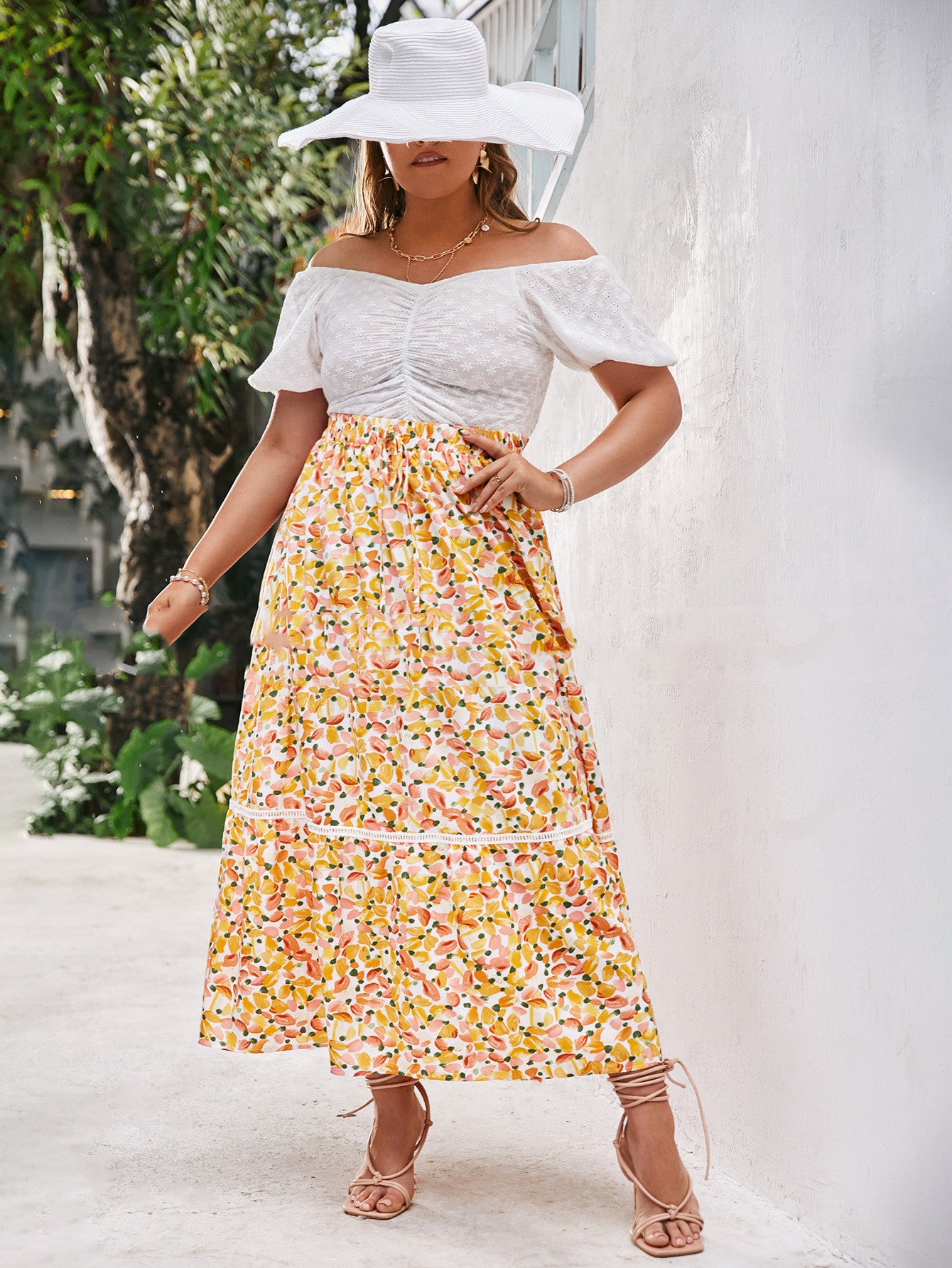 High Waist Printed Yellow Chiffon Sweet Irregular Maxi Dress
