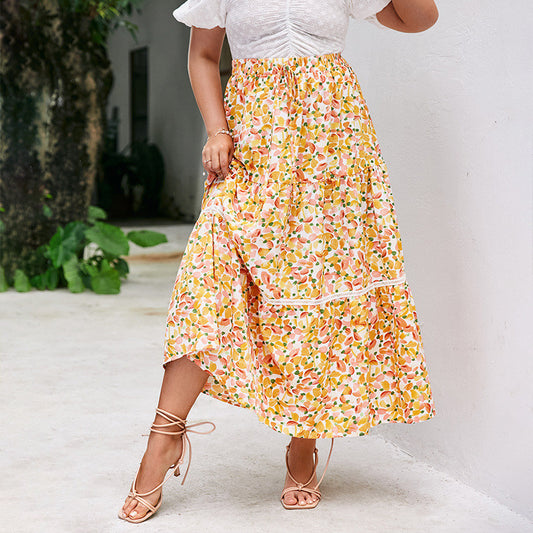High Waist Printed Yellow Chiffon Sweet Irregular Maxi Dress