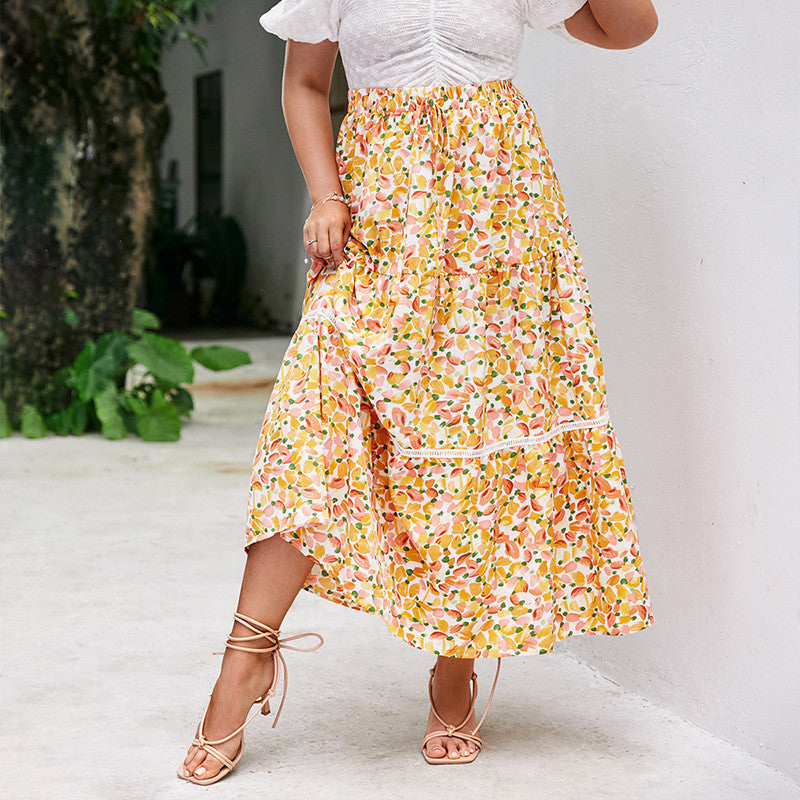 High Waist Printed Yellow Chiffon Sweet Irregular Maxi Dress