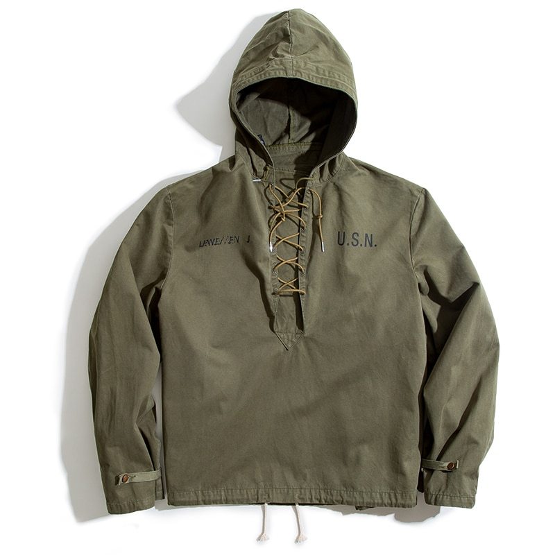 Madden male Hooded Pullover Long Sleeve Deck Parker Jacket Drawstring Neckline Workwear Jacket Green Cuffs Ribbon Closure Jacket
