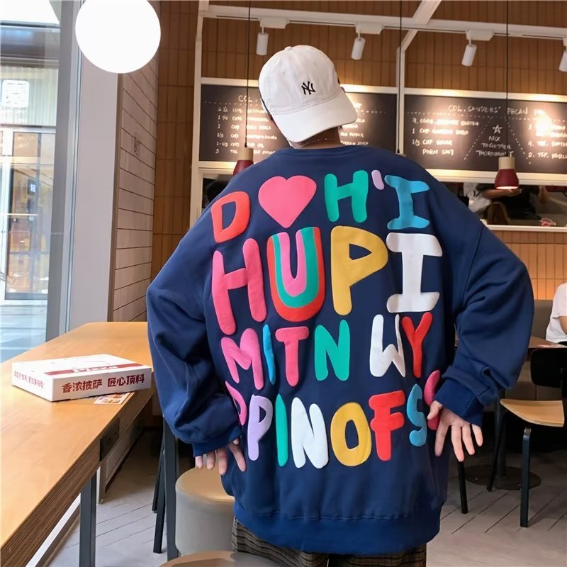 Loose Student Versatile High Street Alphabet Full Print Round Neck Pullover Sweatshirt Male