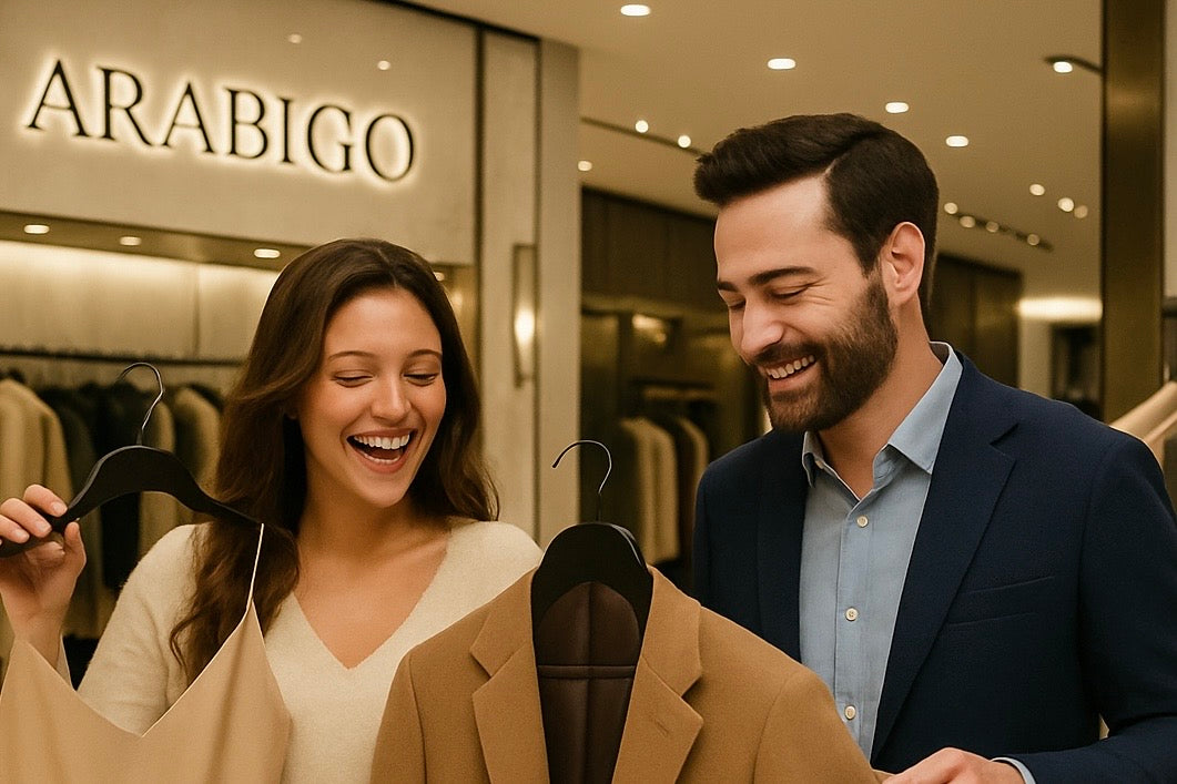 Man and woman looking at a coat in a store with 'ARABIGO' sign.