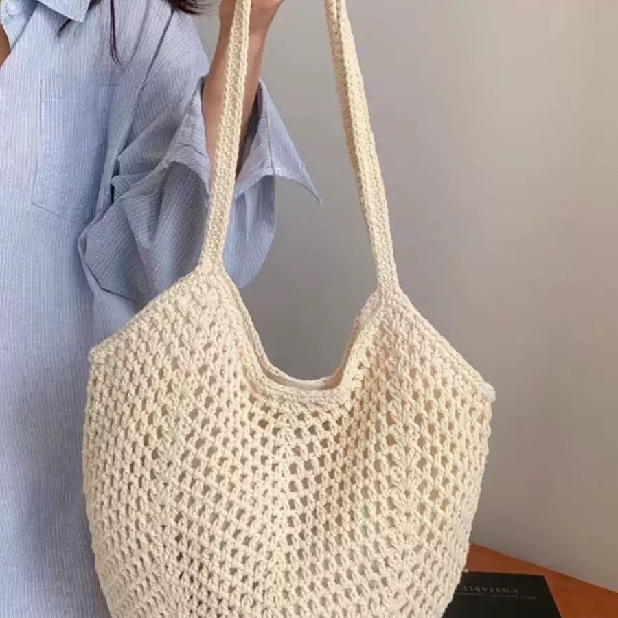 Bolso de hombro informal de playa de paja hueca tejida para vacaciones