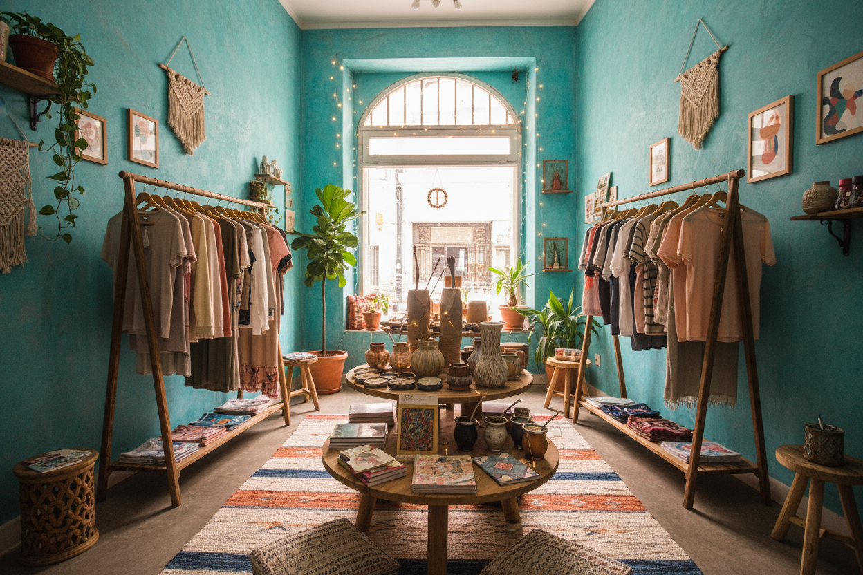 generar una imagen de mi local te doy la descripcion: es de 5x5 tiene un color medio turquesa, tiene dos percheros en el centro, y en medio de ellos una mesa central con algunos  productos de relaleria como cuadernos, sahumerios, vazos, mates, los percheros tienen principamente remeras, el estilo del lugar no es lujoso si no mas bohemio