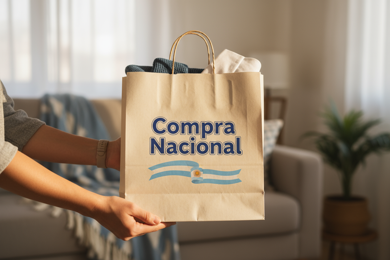 una foto mas personal de compra talvez con un paquete que diga compra nacional en argentina